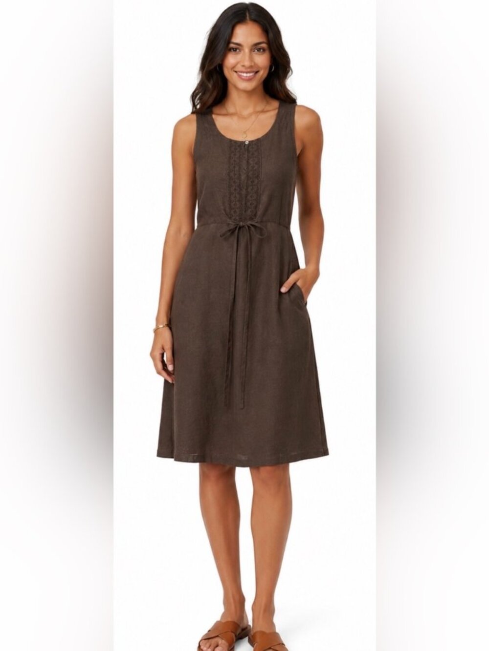 RW&CO Brown Linen Blend Sleeveless Dress